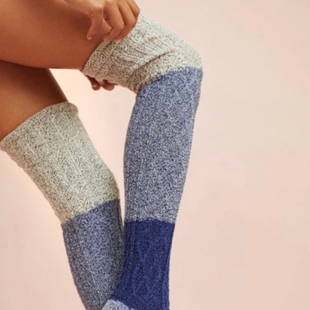 LAST PAIR* Blue colorblock Anthropologie Cable Knit Thigh Highs - Picture 2 of 16